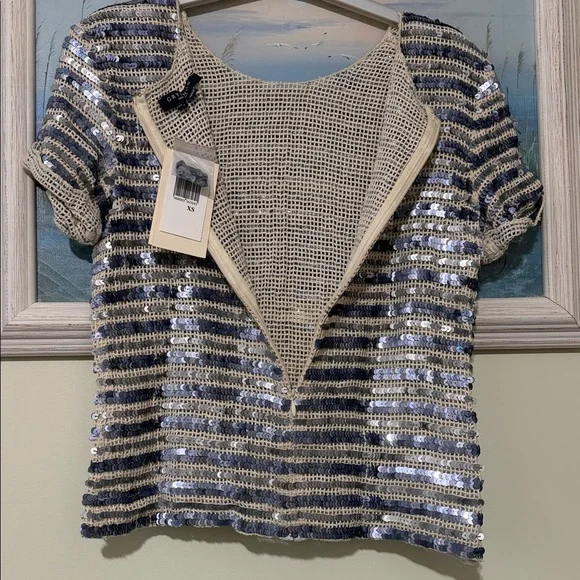 Gryphon Blue and Cream Sequin Crop Top size XS - Picture 5 of 5